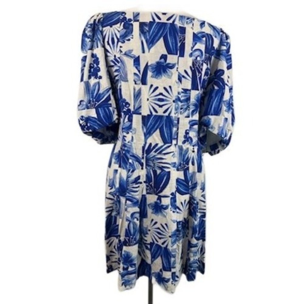 FARM Rio Blue and White Floral Button Front Puff Sleeve Dress - Picture 2 of 8